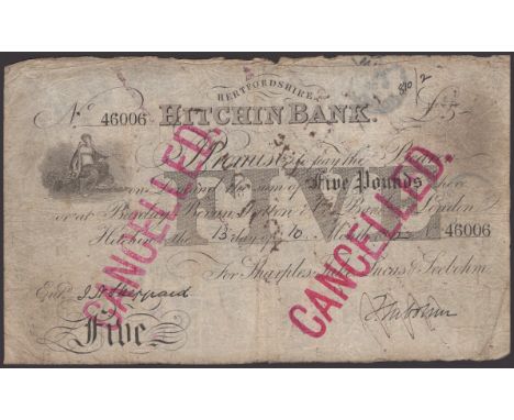 Hitchin Bank, for Sharples, Tuke, Lucas & Seebohm, £5, 13 October 1892, serial number 46006, Seebohm signature, two large red