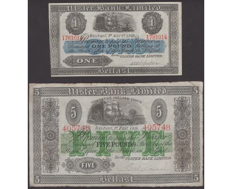 Ulster Bank Limited, £1 (2), 1 September 1939, serial number 1781014 and 1 January 1940, serial number A186011, £5 (3), 1 Feb