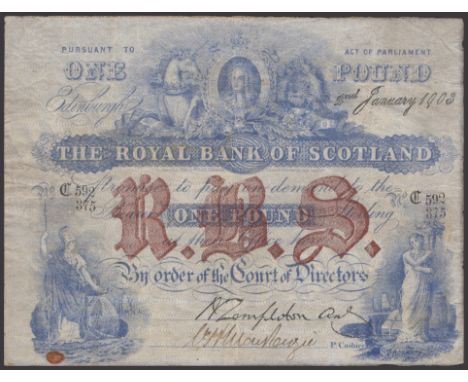 Royal Bank of Scotland, £1, 2 January 1903, serial number C592/375, Templeton and one other manuscript signature, rust spot a