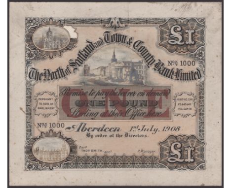 North of Scotland & Town & County Bank Limited, a partially hand painted obverse essay for £1, 1 July 1908, serial number X/Y