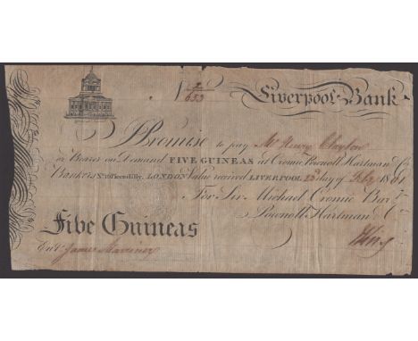 Liverpool Bank, for Sir Michael Cromie, Bart Pownoll, Hartman & Co., 5 Guineas, 23 February 1801, serial number 2/653, manusc