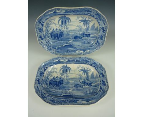 Two Spode Indian Sporting series meat dishes, both transfer printed in blue with the pattern 'Hunting a Buffalo', impressed a