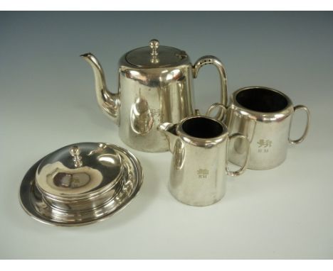 A late 19th / early 20th Century electroplate tea service and butter dish bearing the engraved ownership marks of the Sergean