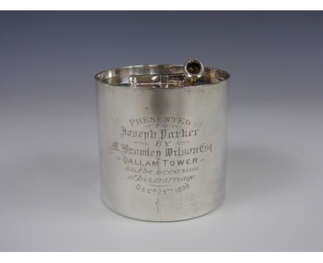 A Victorian silver tobacco box, of cylindrical form, the planar lid having a finial modelled as a pipe, bearing the presentat
