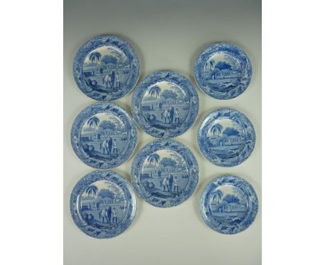 Five Spode Indian Sporting series tea plates, each transfer printed in blue with the pattern 'Groom Leading Out', impressed a