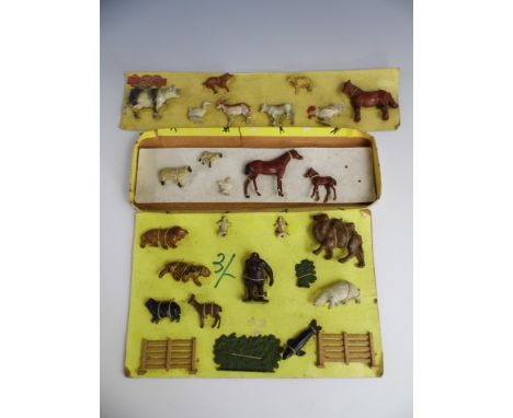 Three groups of vintage die-cast metal toy farm yard and wild animals, respectively Johillco, Charbens and one other, stitche