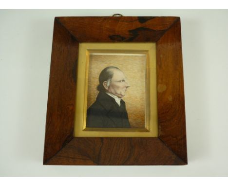 (19th Century) Profile portrait of a distinguished gentleman, watercolour and bodycolour, under gilt mount and glass in rosew