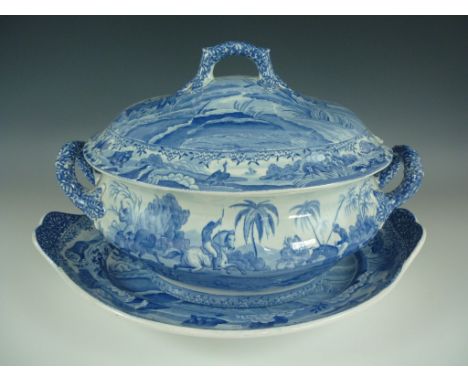 A Spode Indian Sporting series tureen and stand, transfer printed in blue, the tureen with the pattern 'The Hog at Bay', the 