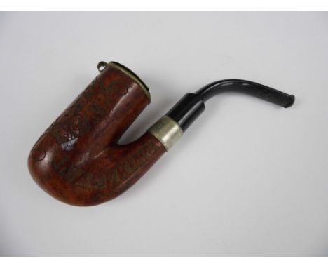 A Boer War commemorative briar pipe, carved with a profile portrait of Kruger and battle honours, 13 cm 