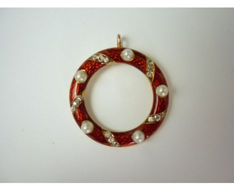 A diamond, pearl and Guilloché enamel annular wreath form pendant, having five single pearls set at intervals, and interspers