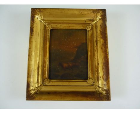 (18th Century)  Landscape with highland cattle crossing a stream, oil on panel, in giltwood frame, 13 x 9.5 cm  