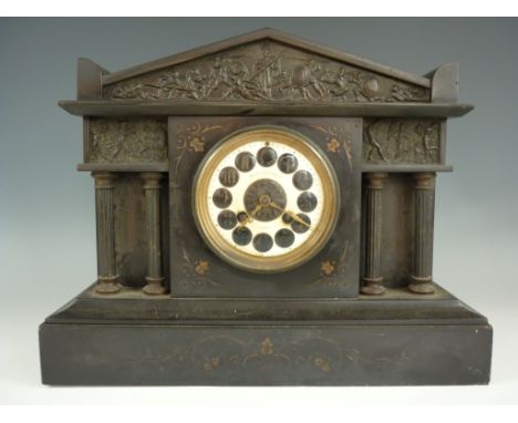 A Victorian black slate architectural mantle clock retailed by Monk Brothers of Paris, 29 cm  