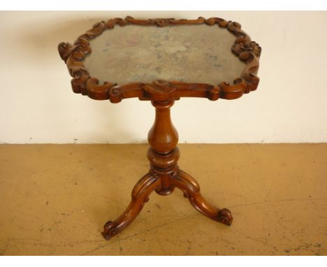 A Victorian walnut tripod wine table with Berlin wool work top, 60 cm