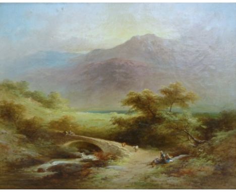 J*** Barcley (19th Century) River Tummel, Pitlochry, rural idyll with humpback bridge and picnicking figure groups, afore an 