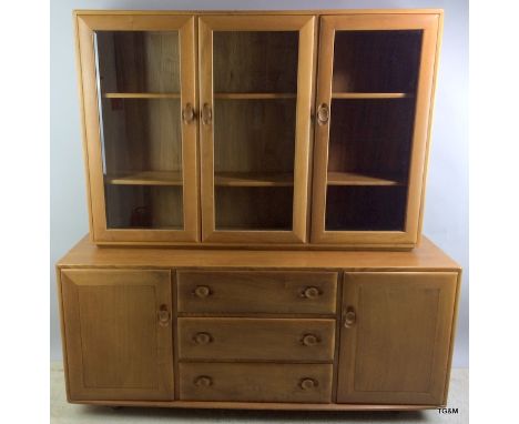 Ercol 2 part dresser with glazed 3 top cupboards, 2 shelves, 2 bottom cupboards, 3 draws including a cutlery drawer 16x x 16 