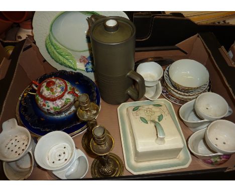 Carlton Ware plate, Susie Cooper cheese dish and stand, shaving mugs, brass candlesticks etc 