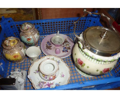 Staffordshire fairing, 2 Oriental vases, Dresden pot and saucer, small tea cups, Crescent China biscuit barrel etc.