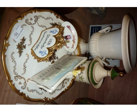 Florentine lidded pot, German comport with gilt decoration, urn shaped vase and three ceramic porcelain plaques 'Vienna Royal