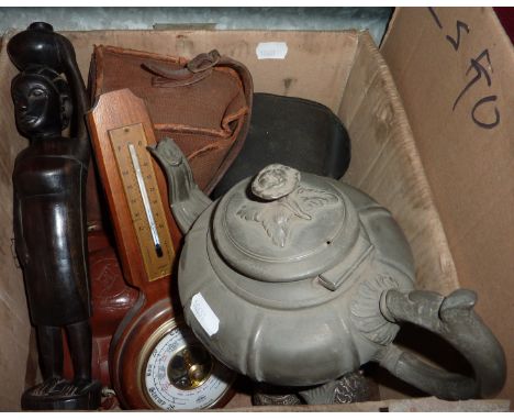 Silver plated teapot, a small wood barometer, carved wooden figure, Kodak Brownie etc