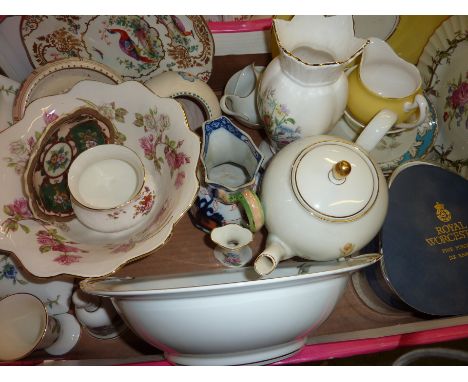 Box of assorted decorative ceramics including Ainsley, Poole Pottery, Noritake, Royal Worcester etc