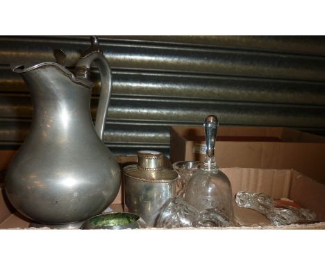 Pewter teapot, silver plated tea caddy, glass salts, knife rests etc.