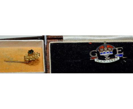 Stick pin and silver and enamel George VI commemorative brooch dated May 1937