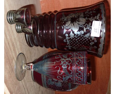 Selection of ruby glass vases, glasses etc 