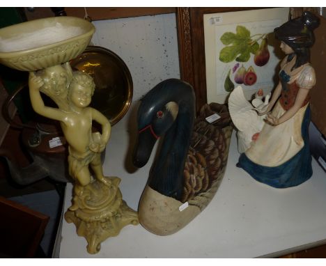 Large wooden duck, ceramic goose girl figurine etc.