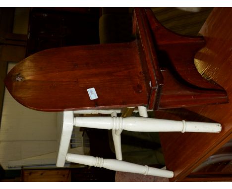 Stained pine church style wall shelf and a painted country style stool (2)