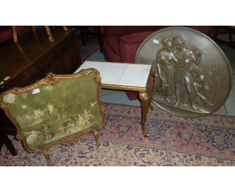 Large circular panel of classical couple reaping the wheat, occasional table and a fire screen (3)