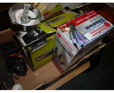 Swiss Master International titanium knife set, Technika Blue Ray disc player, ceiling wall light, binoculars etc 