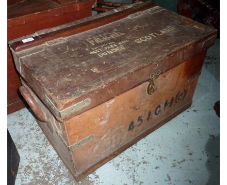 Leather trunk with twin carrying handles and wooden slates with various painted detail  