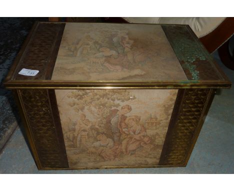 Brass coal box with hinged top and tapestry panel 