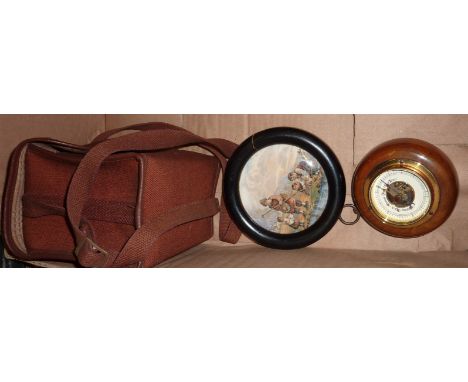 Small framed pot lid, small wood framed barometer and a Kodak Brownie  