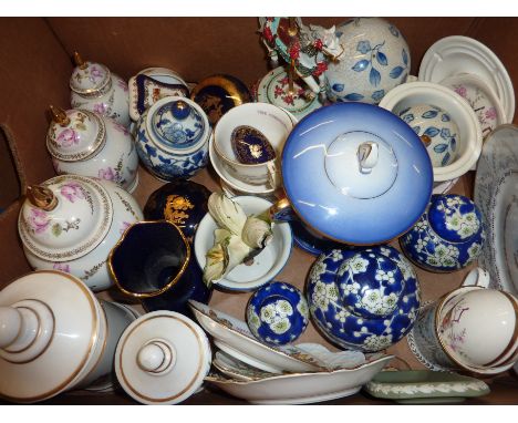 Box of assorted ceramics including ginger jars, trinket pots, Capodimonte flower etc