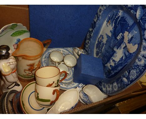 Large blue and white meat plate, two Motto ware cups and saucers, Staffordshire figure 'Napoleon', Carlton ware dish etc