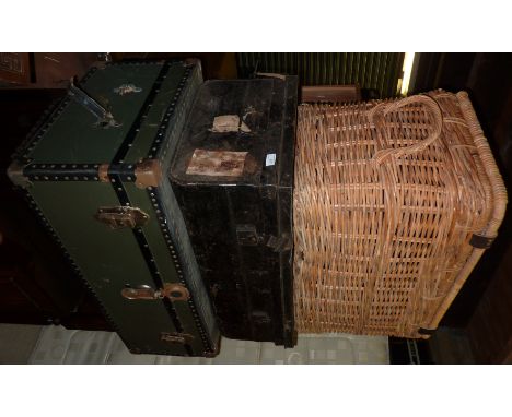 Large wicker basket, metal trunk and another trunk 