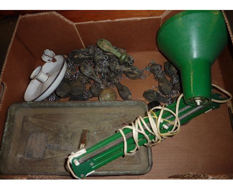Angle poise lamp, enamel candlesticks etc