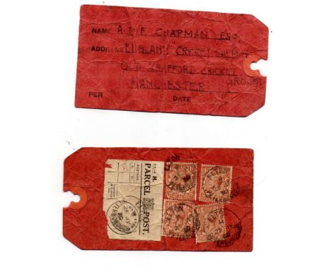 Northants PH, 1931 parcel tag with parcel post label stuck on cancelled Elton/ Peterborough cds with 4 stamps tied by same. A