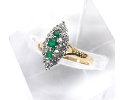 Attractive 18ct emerald and diamond marquise cluster ring, with three central set emeralds within a surround of twelve round 
