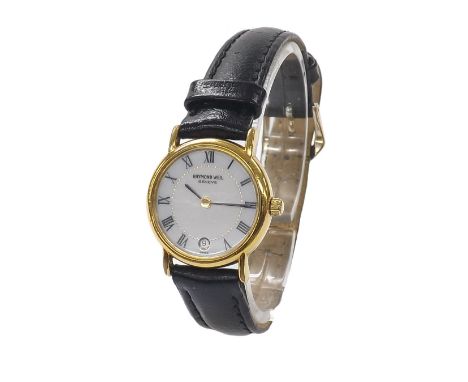 Raymond Weil 18k gold plated lady's wristwatch, ref. 9923, white dial, quartz, black strap, 22mm - Condition Report: - Moveme