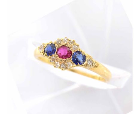 Attractive early 20th century 18ct diamond, ruby and sapphire cluster ring, maker 'WJH', 3.2gm, ring size Q/R   