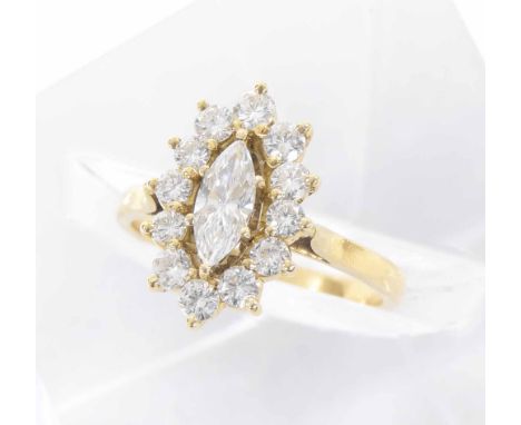 18ct yellow gold oval diamond cluster ring, with a central marquise diamond in a surround of twelve round brilliant-cut diamo