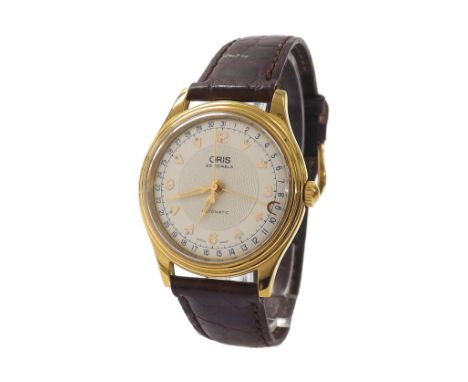Oris Pointer Date automatic gold plated gentleman's wristwatch, ref. 7470, silvered dial with quarter Arabic numerals, hour m