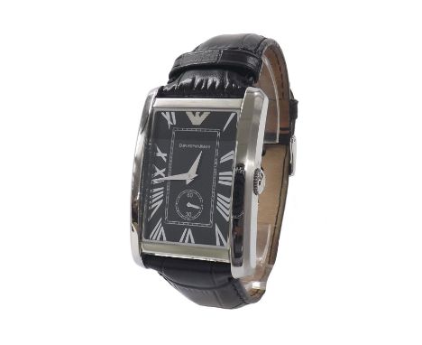 Emporio Armani rectangular stainless steel gentleman's wristwatch, ref. AR-1604, rectangular black dial, black leather strap,