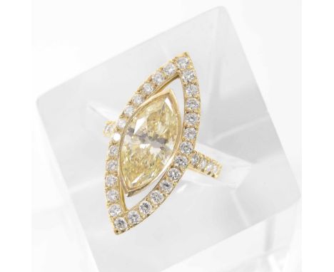 Fine 18ct yellow gold marquise halo diamond dress ring, the fancy yellow marquise centre diamond, 3.75ct approx, clarity SI1-