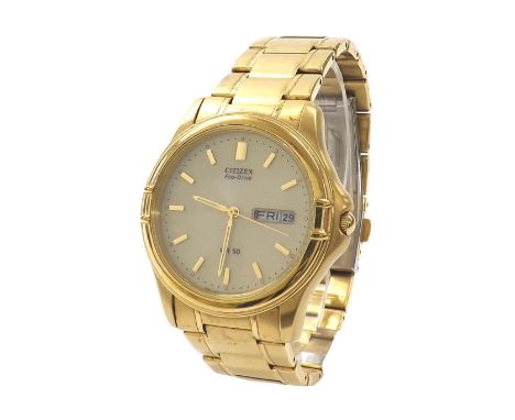 Citizen Eco-Drive WR50 gold plated and stainless steel gentleman's bracelet watch, ref. E101-S034957, the dial with baton mar