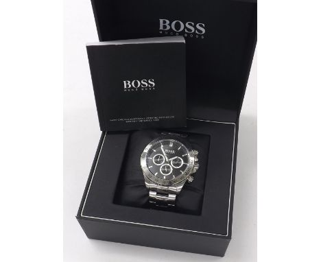 Hugo Boss chronograph stainless steel gentleman's bracelet watch, ref. HB.213.1.14.2602, black dial with triple subsidiary di