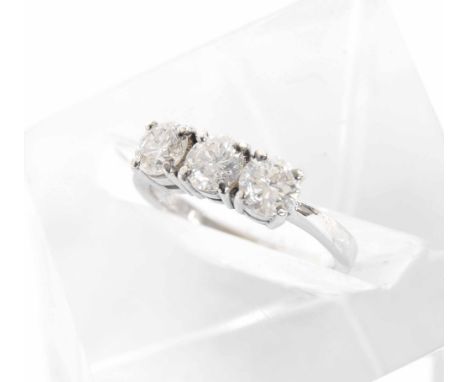 Good 18ct three stone diamond ring, round brilliant-cut estimated 1.30ct approx, clarity SI2, colour H/I, 4gm, ring size L/M 