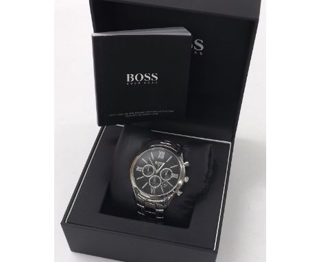 Hugo Boss chronograph stainless steel gentleman's bracelet watch, ref. HB.245.1.14.2786, black dial with triple subsidiary di